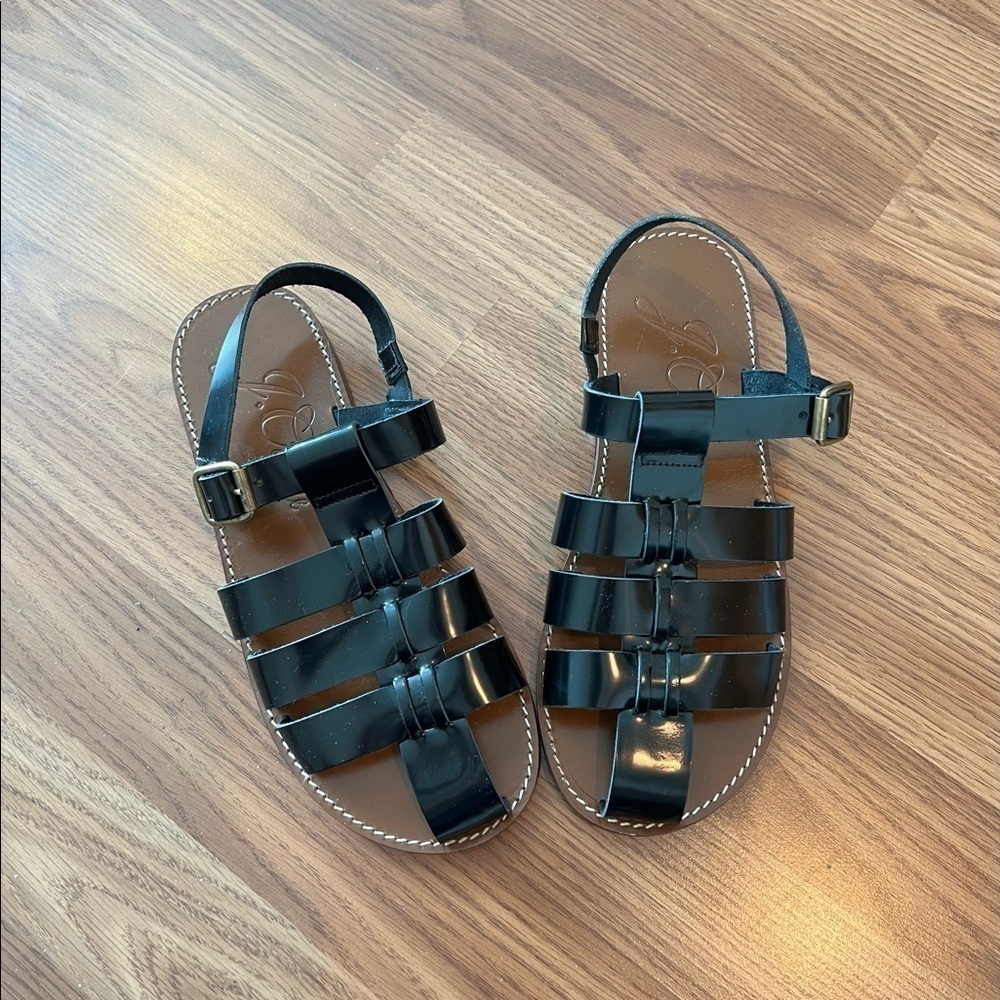 J. Crew Fisherman sandals in shiny spazzolato leather in black